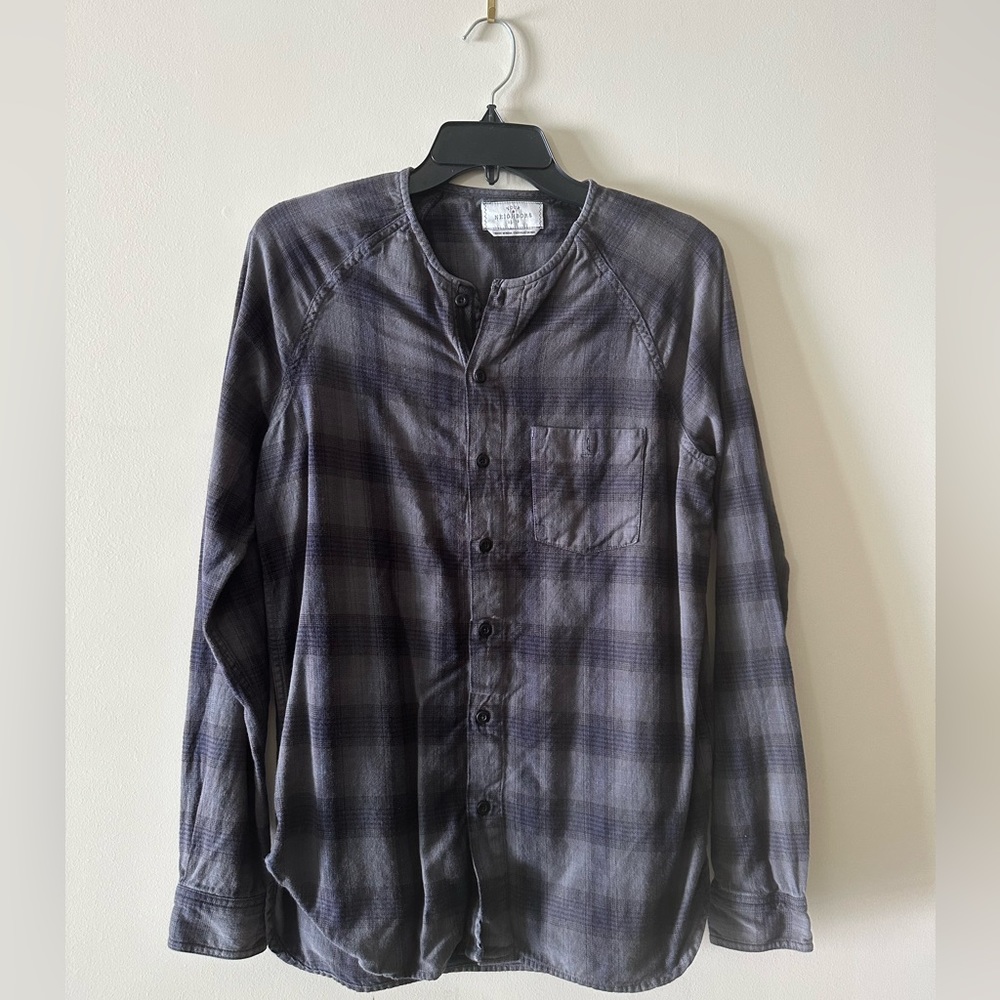 NWOT Your Neighbors Alro Collarless Plaid Button Down